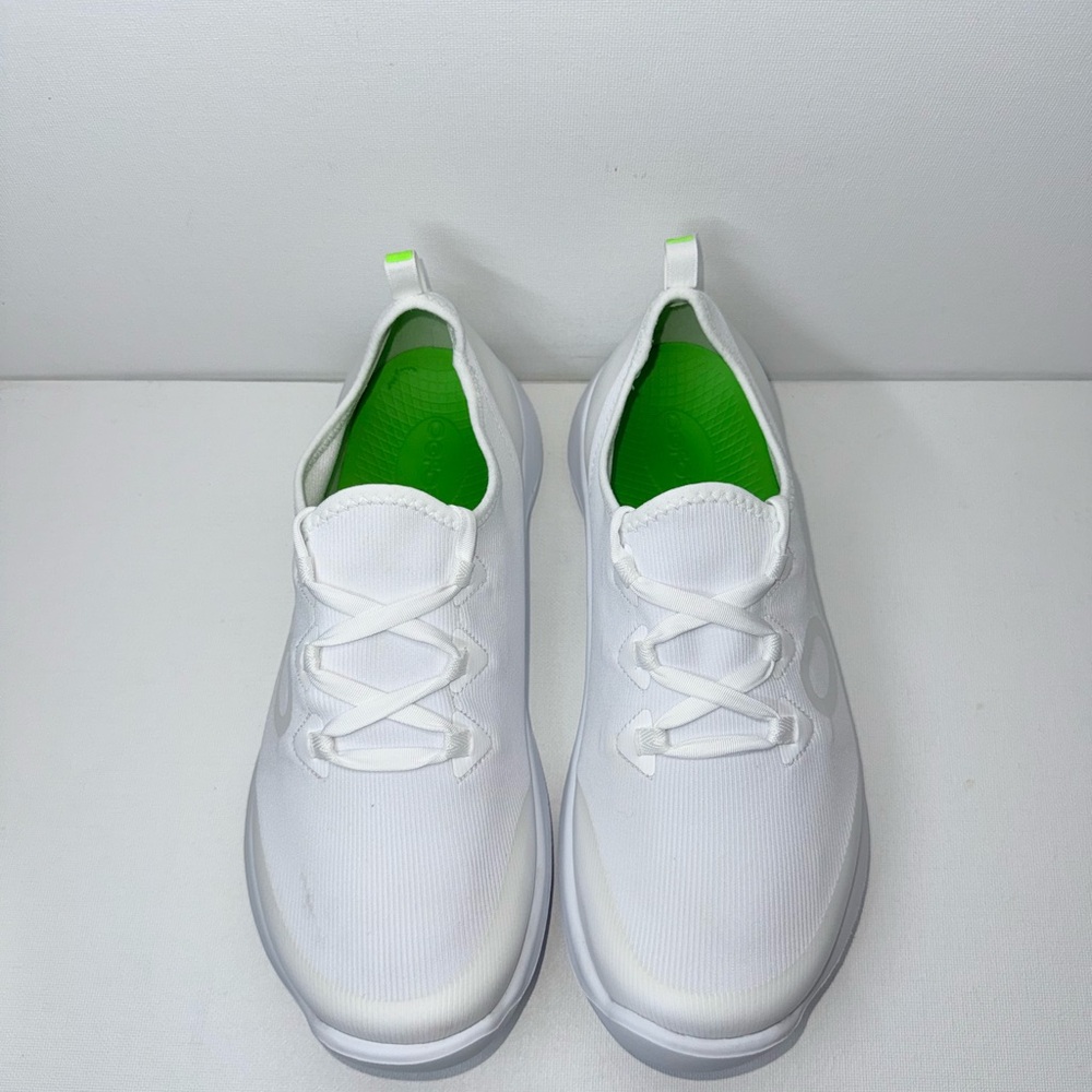 OOFOS Women’s White Athletic Slip-On Sneakers with Light Green Accents - Picture 3 of 8